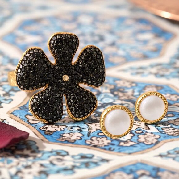 🆕️Turkish Artisanal Black Flower Set 18K Gold Plated Brass Jewelry - Picture 6 of 14